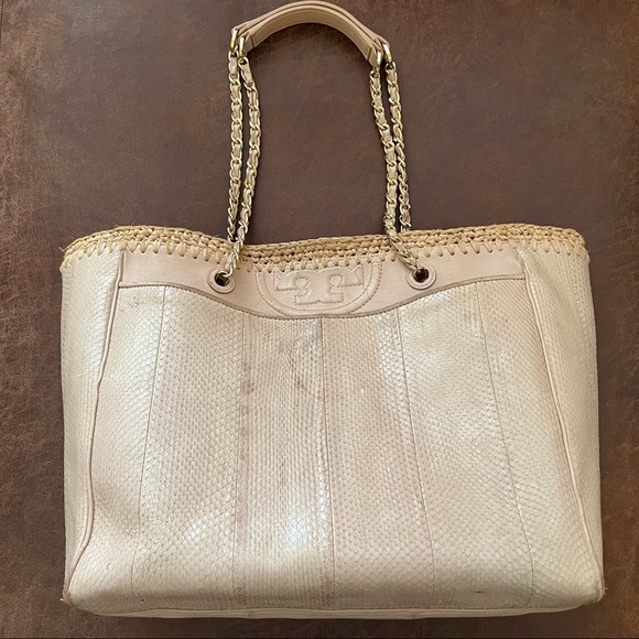Tory Burch blush snake and raffia tote with chain handle - Picture 1 of 15